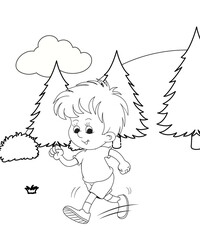 Outline hand-painted Coloring Page for boys and girls with mountains and Dinosaur, Coloring Book or pages to color for kids,