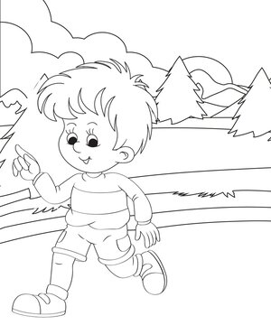 Outline hand-painted Coloring Page for boys and girls with mountains and Dinosaur, Coloring Book or pages to color for kids,