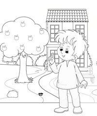 Coloring Page Outline hand-painted in cartoon style Of little boy with mountains and Dinosaur, Coloring Book or pages to color for kids,