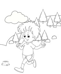 Coloring Page Outline hand-painted in cartoon style Of little boy with mountains and Dinosaur, Coloring Book or pages to color for kids,