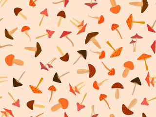 Mushrooms seamless pattern. Various mushrooms, edible and toadstools. Poisonous mushrooms and hallucinogenic fly agaric. Design for banners and promotional items. Vector illustration