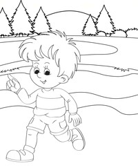 Obraz premium Coloring Page Outline hand-painted in cartoon style Of little boy with mountains and Dinosaur, Coloring Book or pages to color for kids,