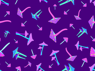 Psychedelic mushrooms seamless pattern. Acid trip, bright colorful mushrooms in the style of the 80s. Trippy magic mushrooms. Design for posters, banners and promotional items. Vector illustration
