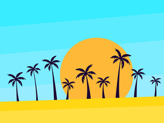 Fototapeta na wymiar Palm trees against the backdrop of the sun. Beach landscape with palm trees in a minimalist style. Black silhouettes of palm trees. Design for banners, posters and brochures. Vector illustration