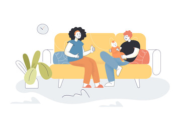 Young mom, dad and newborn baby sitting on home sofa together. Woman holding bottle of milk flat vector illustration. Happy family, love and care concept for banner, website design or landing web page