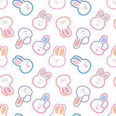 Seamless Pattern with Cartoon Rabbit Face Design on White Background