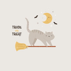 Halloween illustration with funny cat on a witch broom