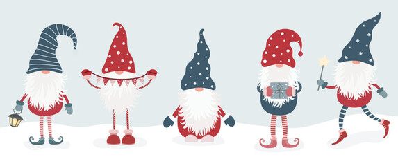 Set of cute christmas scandinavian gnomes isolated on white background. Vector illustration in flat cartoon style.