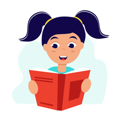 Girl reading book. Back to school. Love reading concept. Template for banner, postcard, card, invitation. Vector Illustration in flat style.
