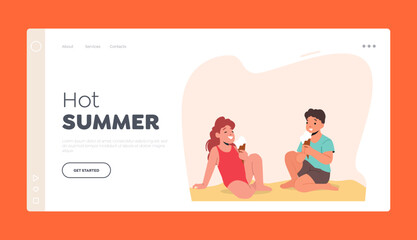 Leisure on Sea Shore Landing Page Template. Happy Children Sitting on Sand Eating ice Cream on Beach, Kids Activities