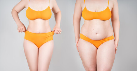 Woman's body before and after weight loss on gray background