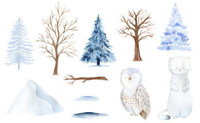 Watercolor woodland animal illustration. Arctic baby animals. Owls and weasel animal graphics with mountains, trees.  Cute deer, forest illustration, snowflakes and stars background. Holiday graphics