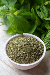 Dried mint and green fresh mint isolated