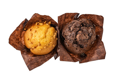 Set of assorted muffins in brown paper isolated on white background, top view