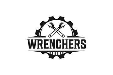Gear wrench industrial logo design rounded shape badge illustration metal work repair industry icon symbol