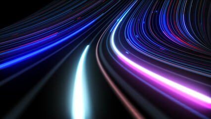 3d rendering colourful abstract neon background space and time strings, highway night lights. Ultra violet rays, glowing lines, virtual reality, speed of light.