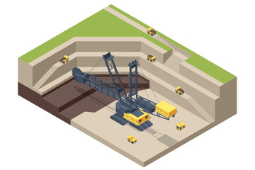 Isometric mining quarry, mine with large quarry dump truck and Bucket-wheel excavator. Coal mine. Equipment for high-mining industry. Bucket-wheel excavator mining lignite