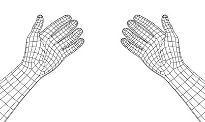 Polygonal Mesh or Wireframe Hands With Open Palms in Front of Viewer. VR or Virtual Reality Concept With First Persont Point of View © D Graphics