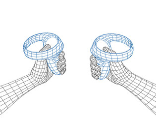 Polygonal Mesh or Wireframe Hands With VR Controllers in Front of Viewer. Virtual Reality Concept With First Persont Point of View © D Graphics