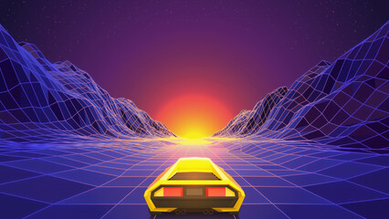Yellow Sport Car Racing to the Sunset Through Polygonal Mountain Valley. Retro Futuristic Template in 80S Style. Synthwave, Retrowave Theme