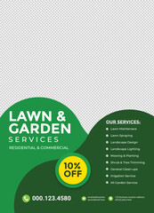 Fototapeta na wymiar lawn care flyer design template. landscaping and gardening lawn care service flyer