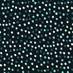 Seamless repeating spotted pattern with tiny colorful hand drawn confetti-like dots. Christmas night, New Year eve concept. Dark vector background for wrapping paper, other design projects