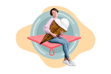 Collage photo of young beautiful optimistic woman holding icecream sitting plaid isolated on white color background