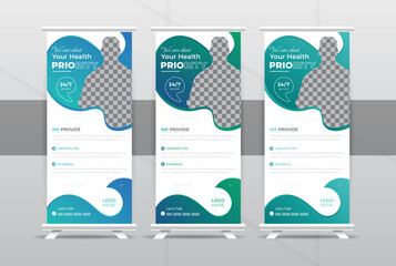Modern New Professional and Corporate Medical roll up banner template design or Minimalist poll up standee for healthcare hospital.