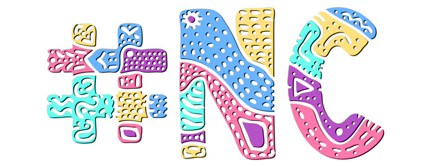 NC Hashtag. Multicolored bright isolate curves doodle letters. Hashtag #NC is abbreviation for the US American state North Carolina for social network, web resources, mobile apps.