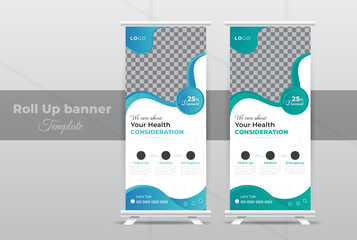 Modern abstract medical clinic roll up banner, creative minimal x banner stand for commercial design