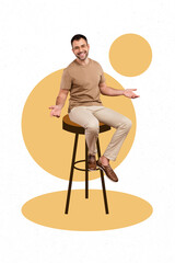 Creative retro 3d magazine collage of cheerful guy have free time break sitting bar chair talking...