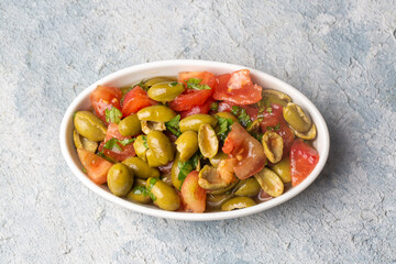 Gourmet flavors from traditional Turkish cuisine; green olive salad (Turkish name; Kirma yesil zeytin salatasi) A flavor belonging to the Turkey - Antakya region.