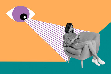3d retro abstract creative artwork template collage of hacker eye spying personal data girl sit armchair relax use telephone cyber security