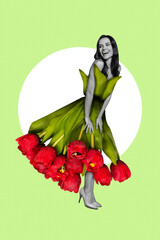 Vertical magazine poster artwork collage of charming smiling elegant lady wearing tulips flowers dress woman day birthday date present