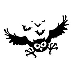 Halloween black element. Attack owl and bats. Vector on transparent background 