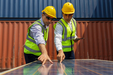 asian university student learning alternative sustainable energy and set up solar panel with...