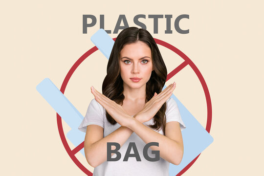 Photo cartoon comics sketch picture of lovely serious girl crossed hands show stop sign against plastic bag pollution support recycling