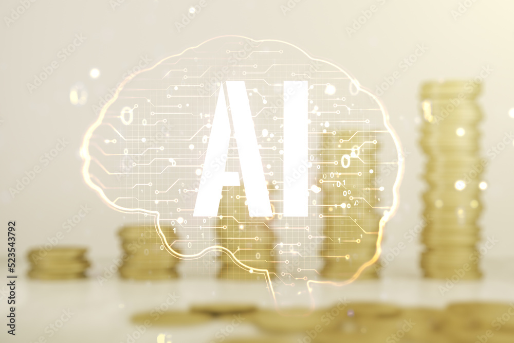 Poster virtual creative artificial intelligence hologram with human brain sketch on stacks of coins backgro