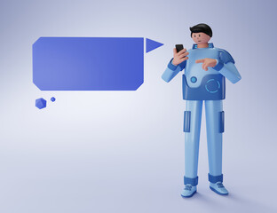 Tech guy stands, writes a message on the phone. 3d rendering