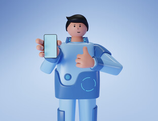 Tech guy showing phone screen and showing class. 3d rendering