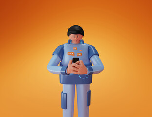 Tech guy looks at the phone, writes a message. 3d rendering