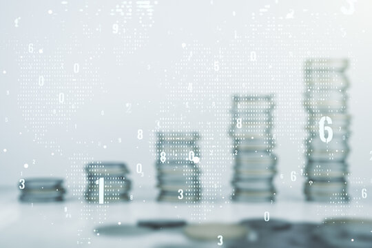Abstract virtual coding illustration and world map on coins background, international software development concept. Multiexposure