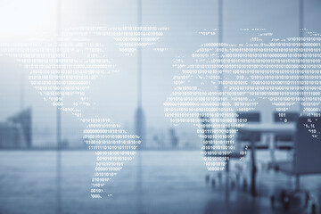 Multi exposure of abstract graphic world map on a modern furnished classroom background, big data and networking concept