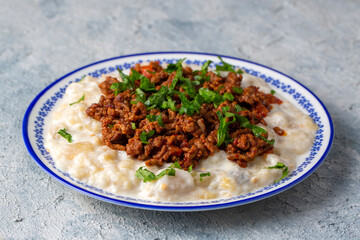 Turkish Ali Nazik Kebab with Yogurt, Minced Meat and Roasted Eggplant or Aubergine Kebap.