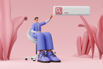 A man sits on a chair, presses his finger on the search, on a pink isolated background. 3d rendering