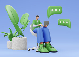 A man sits on an armchair, with a laptop, texting on an op messenger, on an isolated blue background with plants. 3d rendering