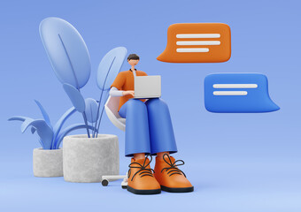 A man is sitting on an armchair with a laptop, texting on a messenger, on a blue isolated background. 3d rendering