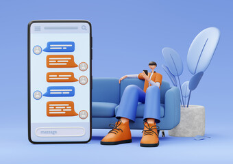 A man is sitting on the couch, texting on the phone. Big phone, messenger, plants. 3d rendering