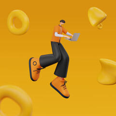 A man hovering, looking and clicking on a laptop on an orange background with 3d objects. 3d rendering