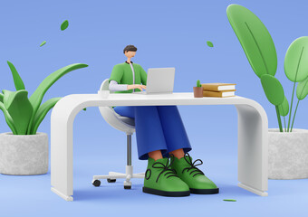 A man sits at a table with a laptop, plants on a blue background. 3d rendering